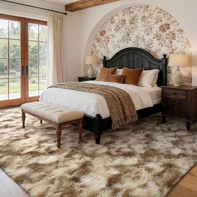 5x7 Ft Large Shag Rugs for Bedroom Living Room Decor for Men Boys, Tie Dyed Ultra Soft Fluffy Furry Area Rug for Indoor Floor, Aesthetic Carpet for Home Decor (Khaki)