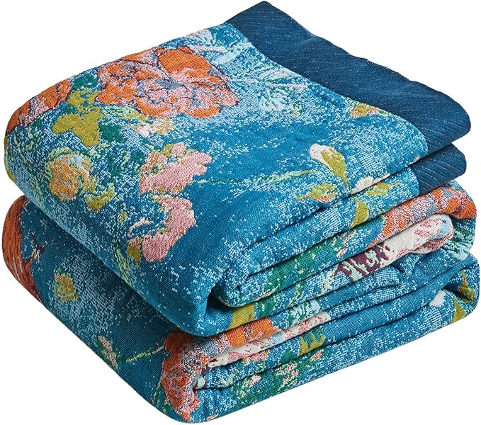 MSGKV Boho Throw Blanket for Couch 50"x60" Cotton Blanket with Floral and Bird Summer Breathable Lightweight Farmhouse Decorative Blankets for Sofa Muslin All Seasons