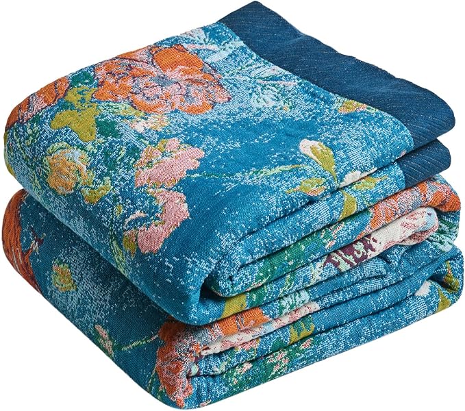 MSGKV Boho Throw Blanket for Bed 60"x80" Cotton Couch Blanket with Floral and Bird Summer Breathable Lightweight Farmhouse Twin Size Decorative Blankets for Sofa Muslin All Seasons