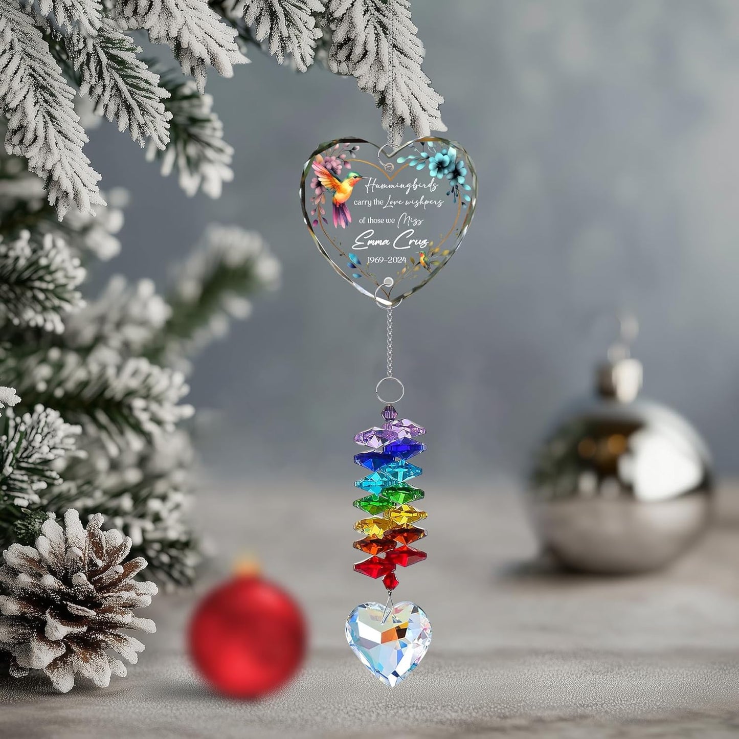 Personalized Memorial Hummingbird Glass Ornament – Custom Photo, Name, Birth Year & Passing Year – in Loving Memory – Memorial Gift for Loss of Loved One 2024