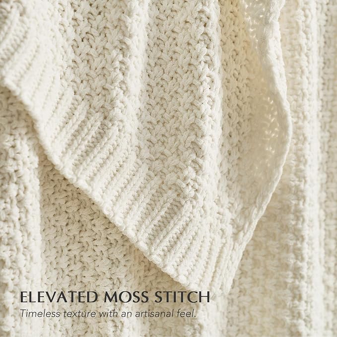 EVERGRACEHOME Chunky Chenille Knit Throw Blanket for Couch, Soft Luxurious Oversized Queen Moss Stitch Blanket for Bed, Cozy Farmhouse Knitted Throw for Sofa, Ivory White, 90" x 90"