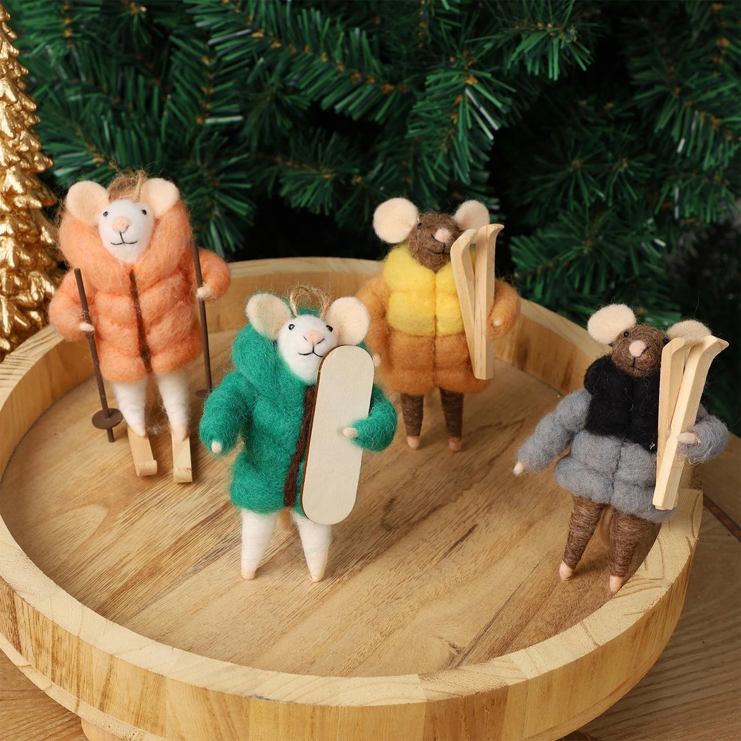 Set of 4 Christmas Felt Skiing Mice Ornaments, 4.7" Mini Winter Hanging Wool Mouse Figurines, Tiered Tray Tabletop Decor, Animal Crafts Xmas Tree Holiday Easter Gifts Home Office Party Supply