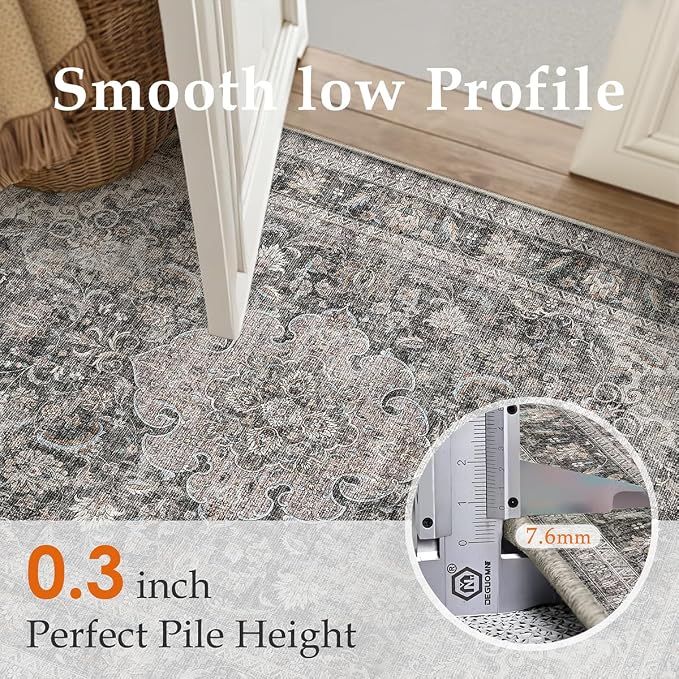 6x9 Washable Area Rug Black Grey Vintage Non Slip Soft Medium Pile Rug for Living Room Bedroom Dining Room Office Distressed Oriental Indoor Throw Carpet for Home Decor
