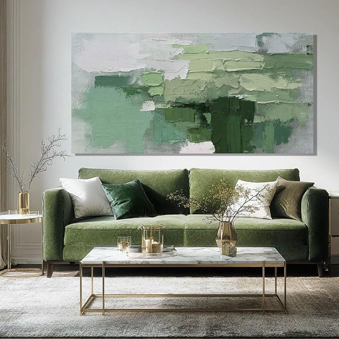 SHEYOYE Green Abstract Canvas Wall Art, White Large Modern Art Prints, Office & Dining Room Posters for Room Decor | 24" x 48"