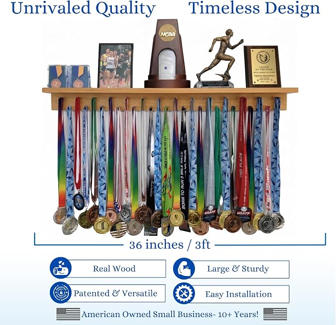 MedalAwardsRack 3ft- Ultimate Medal Hanger Display and Trophy Shelf - Multi-Sport Trophy and Medal Holder for Medal Display, Plaques, Pictures, Trophies and more. Solid Wood - Large 36" - Walnut