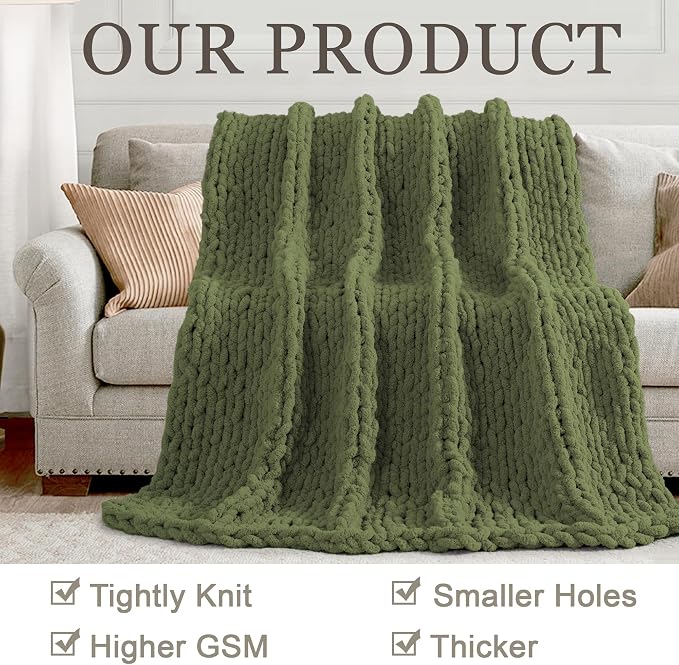 Chunky Knit Throw Blanket 60x80, 100% Handmade Chenille Yarn | 6.7lbs Soft Thick Cable Knitted Blankets, Large Rope Knot Crochet Throws for Couch Sofa Bed Christmas Fall Decor, Olive Green
