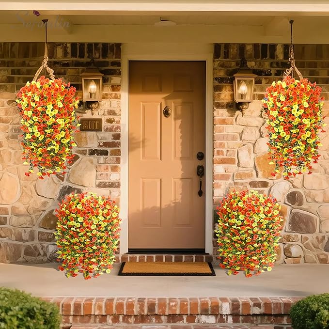 Serwalin Artificial Hanging Flowers for Outdoors Decoration, 4PCS UV Resistant Silk Artificial Fake Plants Outdoor for Porch Patio Balcony Indoor Planter Yard Decor (Orange&Yellow,4PCS)