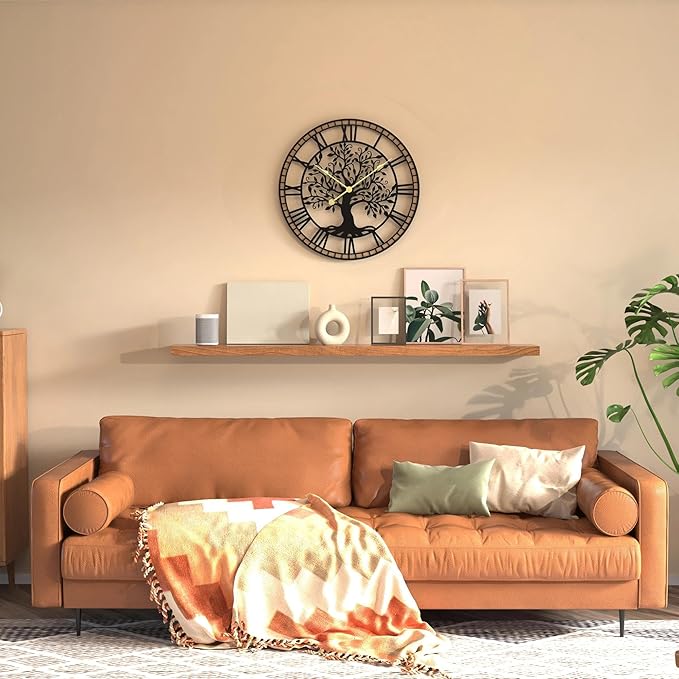 Micasso Wall Clocks Battery Operated: 18Inch Farmhouse Tree of Life Metal with Wood Frame - Rustic Roman Numerals Clock for Office/Living Room/Bedroom/Kitchen - Home Decor for Teen