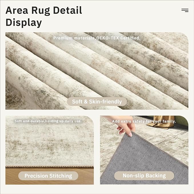 Soalmost 5x8 Area Rugs Beige Gray Low Pile Indoor Washable Trendy Faded Style Rugs for Bedroom Living Room Dining Room Foldable Non-Slip Thin Print Home Office Mat