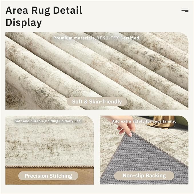 Soalmost 4x6 Area Rugs for Living Room, Vintage Washable Rugs for Dining Room, Bedroom, Home Office Decor, Non-Slip Beige/Gray Carpet Thin Rug