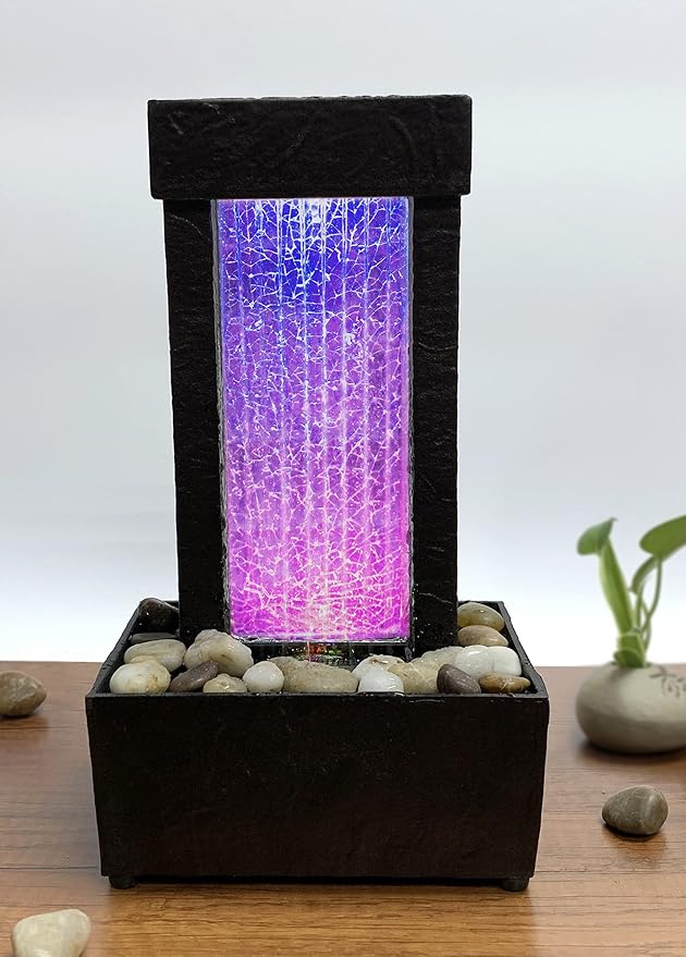 Nature's Mark 10" H Crackled Glass Light Show Tabletop Water Fountain with Natural River Rocks and Color Changing LED Lights (Corded)