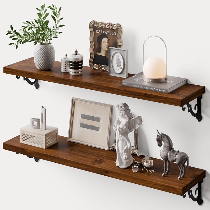 36 Inch 2 Tier Solid Wood Floating Shelves for Wall with Metal Brackets | 36 inch solid pine shelves, 2 tier, walnut finish, metal brackets for books, decor and home storage