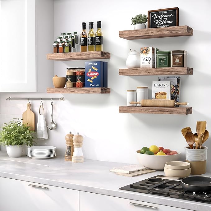 Sorbus Floating Shelves for Wall – 16 Inch Floating Shelf for Kitchen, Bedroom, Living Room, Bathroom, Home & Wall Decor - Mounted Bathroom Shelves with Invisible Brackets (Mahogany, 5 Pack)