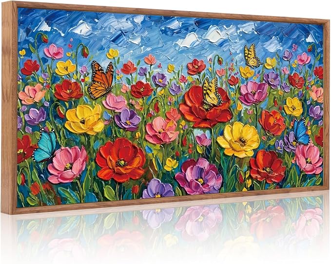 CHDITB 3D Floral Impasto Textured Poppy Framed Canvas Wall Art Set, Butterfly Wildflower Country Vibrant Spring Wall Decor, Bright Botanical Flower Art Prints for Bedroom Farmhouse Living Room 40"x20"