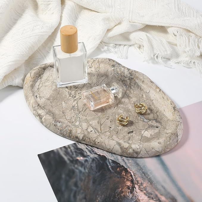 Koville Marble Vanity Tray for Bathroom, Cloud Shape Stone Key Tray | 10" x 7" Marble Storage Trays for Bathroom, Stone Plate Holder for Perfume, Candle and Jewelry (Silver Pearl)