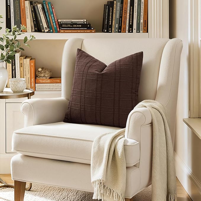 MIULEE Decorative Linen Check Throw Pillow Covers Neutral Farmhouse Vintage Pillow Covers 20x20 Set of 2 Boho Modern Winter Home Decor for Sofa Couch Bedroom Cushion Dark Brown