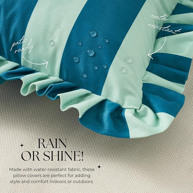 MONDAY MOOSE Decorative Throw Pillow Covers, Set of 2 Water-Resistant Striped Design with Ruffle Edge for Outdoor/Indoor Use, Pillow Inserts Not Included (22x22 inch, Blue/Light Blue)