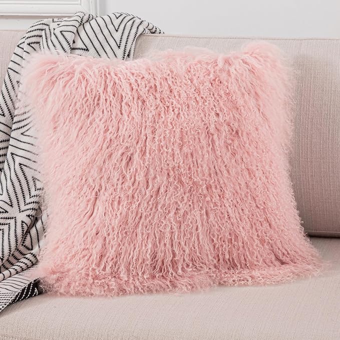Real Tibetan Mongolian Lamb Fur Throw Pillow Cover Sheepskin Wool Fur Decorative Pillow Case Cushion Cover, Pink, 18''x18''