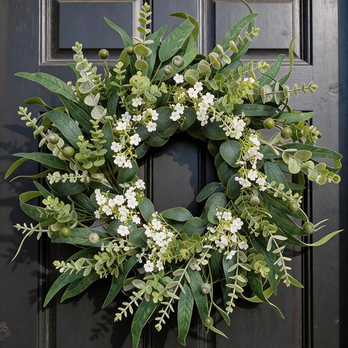 26" Eucalyptus Wreath for Front Door, Full Greenery Wreath with Baby’s Breath, Farmhouse Door Wreath, Year Round Spring Summer Wreath, Indoor Outdoor Home Decor