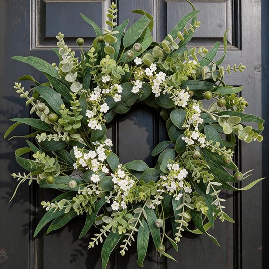 26" Eucalyptus Wreath for Front Door, Full Greenery Wreath with Baby’s Breath, Farmhouse Door Wreath, Year Round Spring Summer Wreath, Indoor Outdoor Home Decor