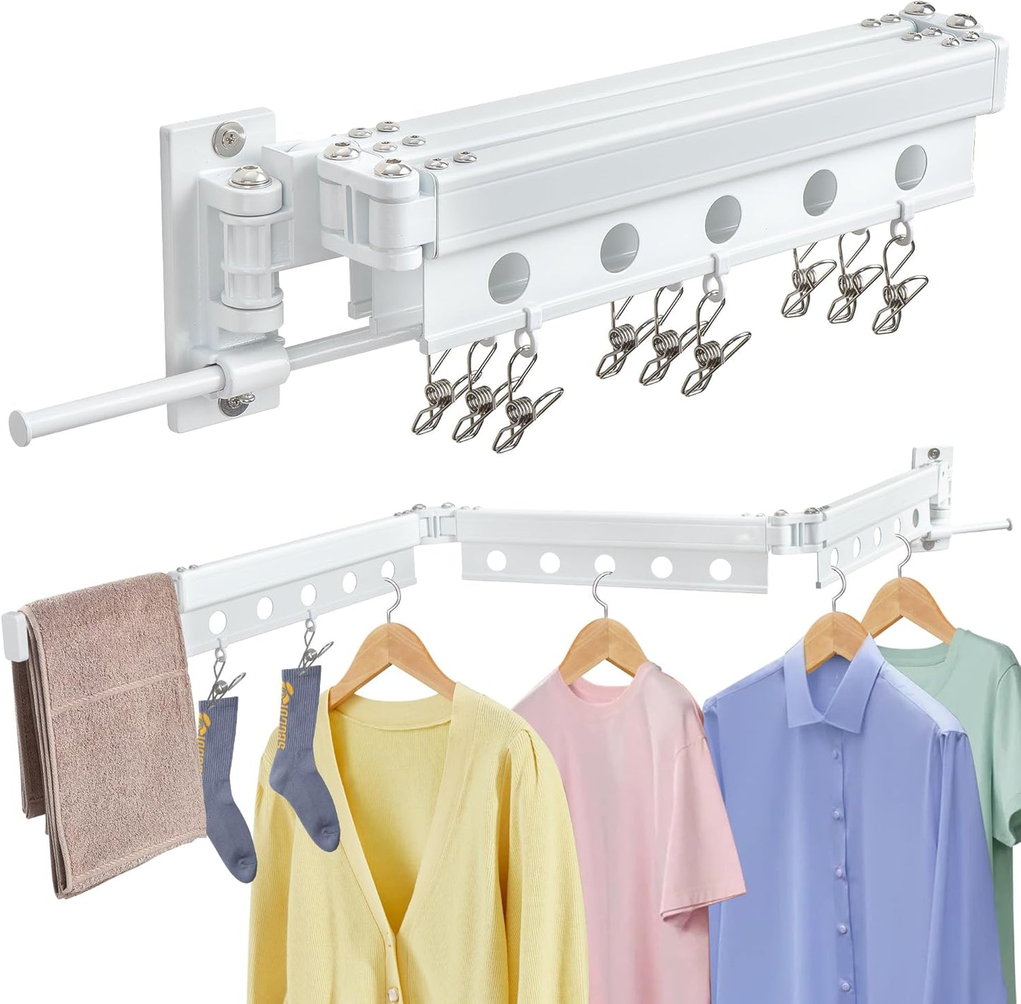 Clothes Drying Rack Wall Mounted, Retractable Space-Saving Foldable Laundry Drying Rack for Indoor & Outdoor Use - Laundry Rooms, Bathroom & Balconies,Includes 10 Clothespins(White)