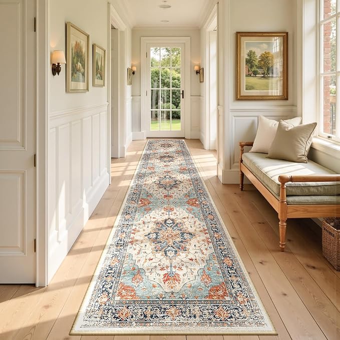 RELEANY Area Rugs 2'6''x12' Runner Rug Non Slip Washable for Kitchen Hallway Bedroom Beside Laundry Room Bathroom Rug, Floor Carpet, Beige Navy Blue Orange Colorful