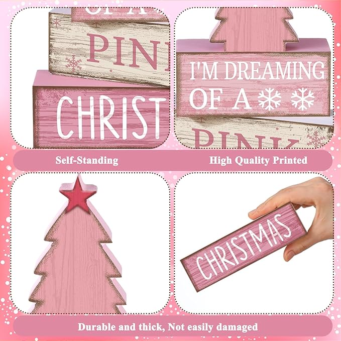 Lineshading 4 Pcs Christmas Table Decoration Wooden Pink Christmas Tree Centerpieces Decor Winter Tiered Tray Decor Rustic Decorative Tree Block Signs Gift Farmhouse Xmas Decoration for Home Kitchen
