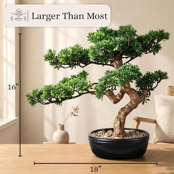 Artificial Bonsai Tree 16" Tall with Realistic Wood and Ceramic Pot, Fake Plants for Home, Bedroom and Office Desk, Japanese Decor