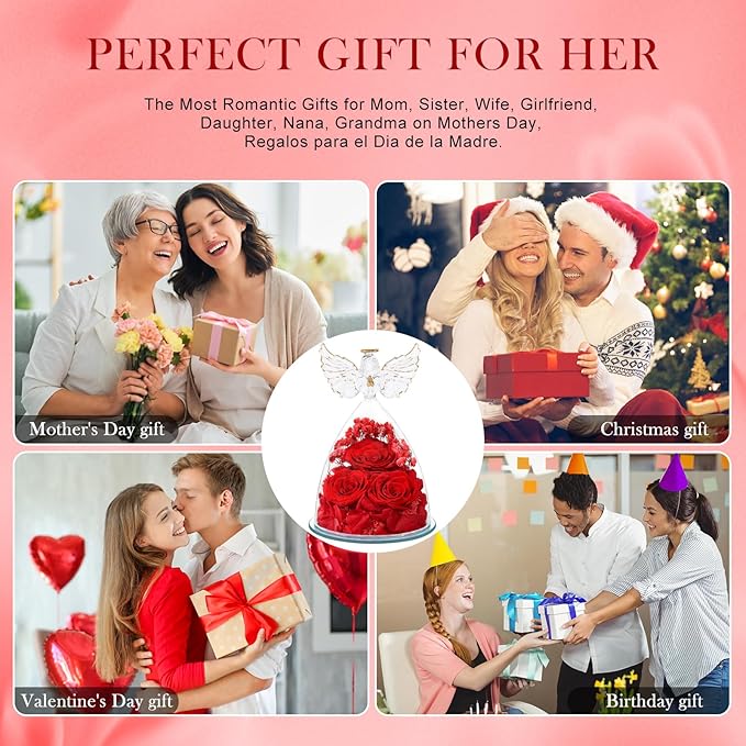 Flowers for Delivery Birthday Gifts for Women Gifts for Mom Grandma Mothers Day Fresh Preserved Flowers Forever Real Roses in Glass Angel Figurines Anniversary Present for Wife Her Friends Daughter