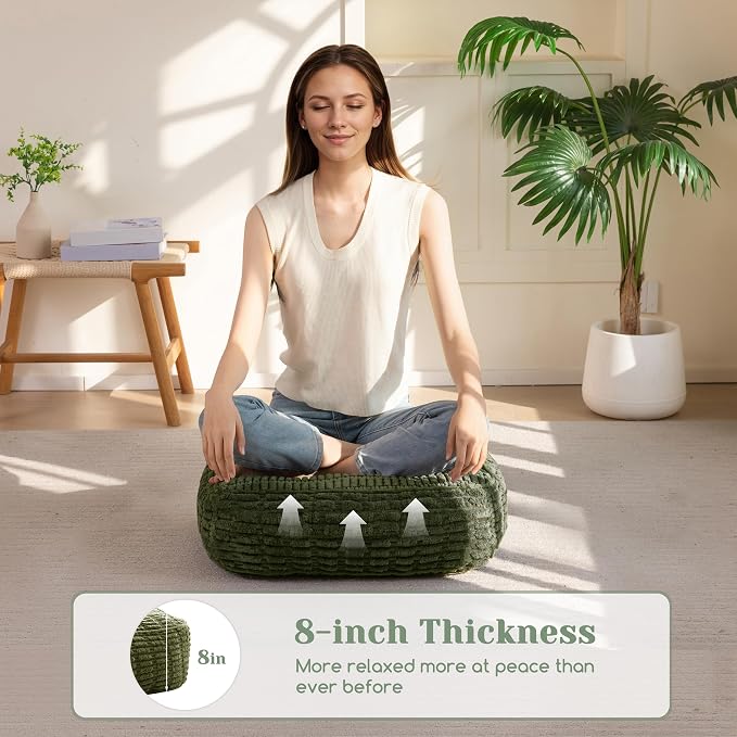 HIGOGOGO 8" Floor Pillow Cushion for Adults, Meditation Cushion Pillow, Blended Corduroy Cover, Large Square Floor Sitting for Tatami Living Room or Yoga, 22x22 Inch, Dark Green