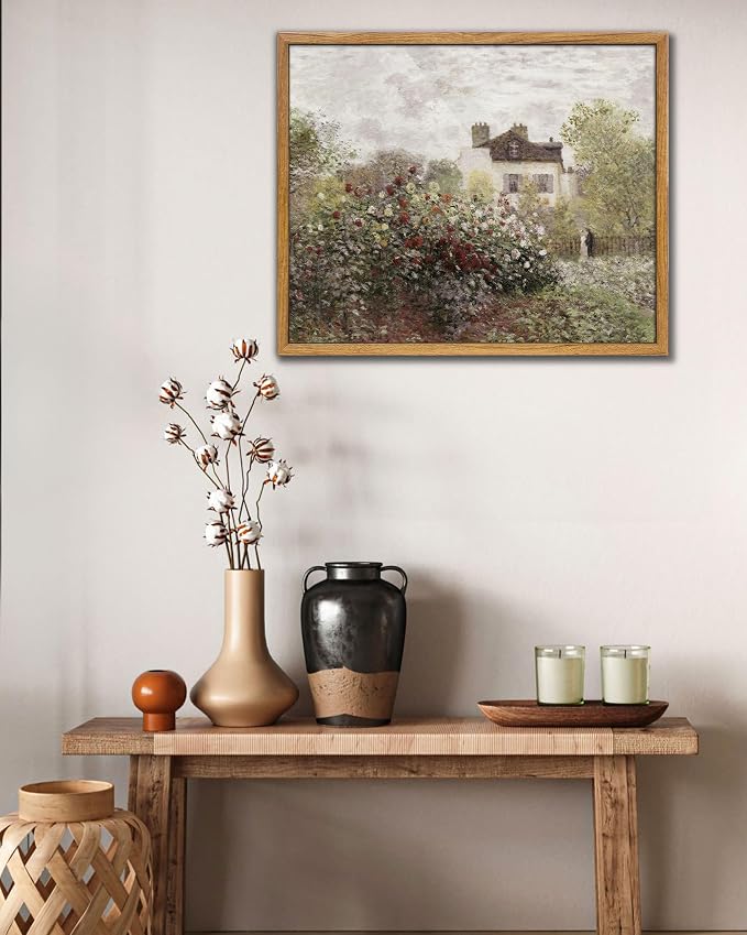 UPWOIGH Monet Inspired Garden Framed Wall Art, 16 x 24 Inch | Impressionist Rose Garden and Cottage Scene, Soft Vintage Tones, Warm Wood Frame for Living Room, Bedroom and Office