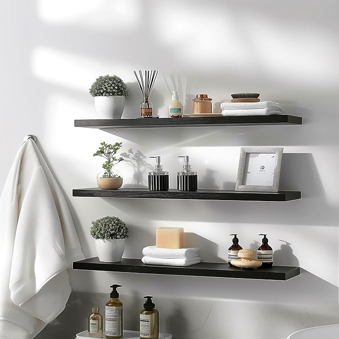 YYWUOJJ Wood Floating Shelves for Wall Decor, Rustic Wall Shelves for Bedroom Bathroom Kitchen Living Room, Set of 4 Black 36 Inch
