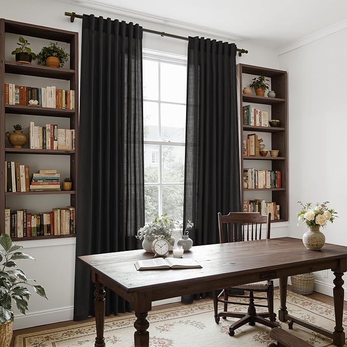 Nanspring Vintage Black Linen Curtains 84 Inch Length 2 Panels Set for Living Room Light Filtering Semi Sheer Curtain Back Tab Privacy Luxury Gothic Vintage Decor Drapes for Bedroom Office 52x84