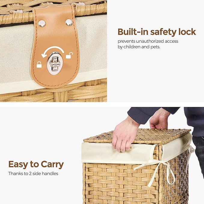 Honjourai Wicker Storage Basket with Lid,Rattan Shelf Basket with Removable Liner Bag,160L Storage Bin,Storage Trunk with Heightened Feet,Storage Container for Wardrobe,Home Organizer