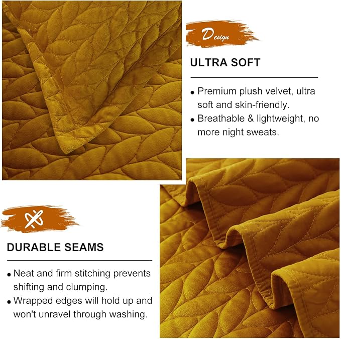 Ivellow Velvet Quilt King Size Ultra Soft Lightweight Velvet Comforter Set Oversized Bedspread Coverlet Full for All Season 3Pcs Luxury Quilted Bedding