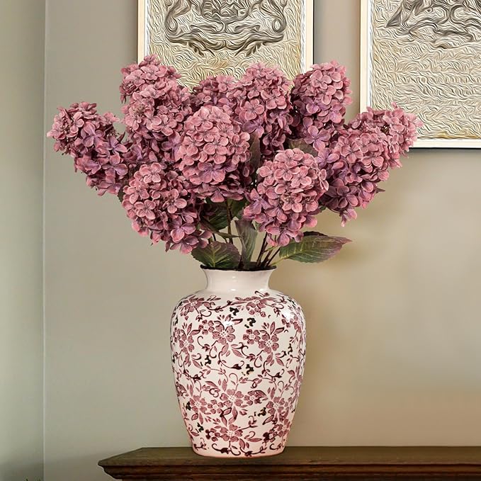 Ttranewsoo Burgundy Hydrangea Artificial Flowers,Fall Hydrangeas Artificial Flowers, Fake Fall Dried Hydrangea Decoration,Faux Silk Flower with Stems Winter Decor(Red Rose 24" 8pcs) Without Vase