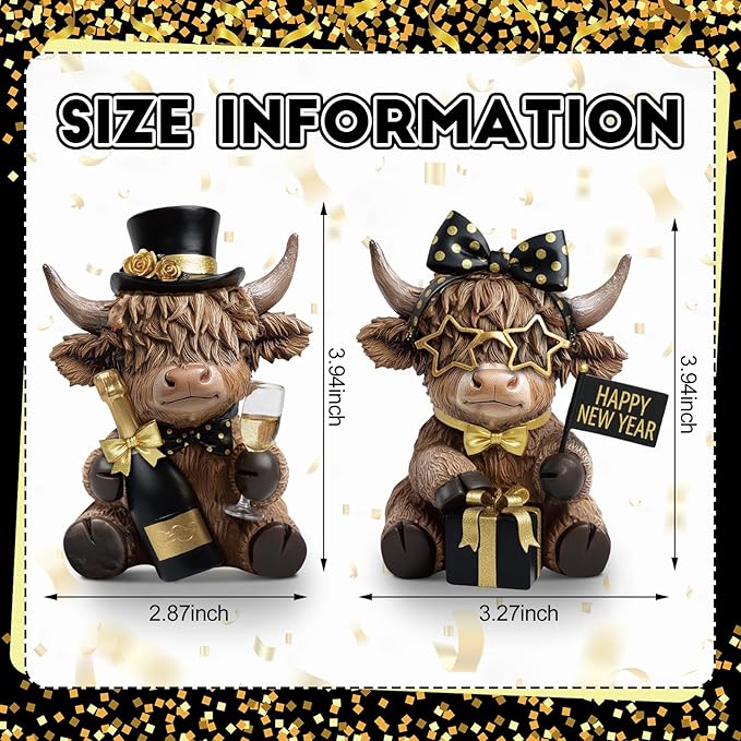 Karenhi 2 Pcs 2026 New Year Highland Cow Figurines, Happy New Year Cow Gnomes with Champagne and Gift Box, Resin Statue Calf Lovers Gifts Cute Yak Home Collectibles for Holiday Decor