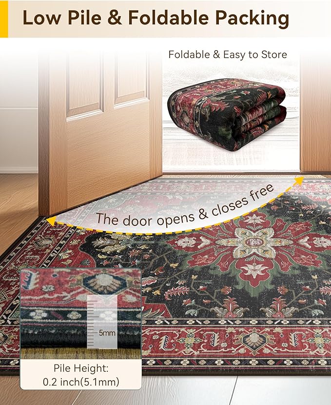 RELEANY Area Rugs 8'x10' Washable Non-Slip, Floral Vintage Distress Print Pattern Medallion Carpet for Living Room Bedroom Dining Room, Red Black