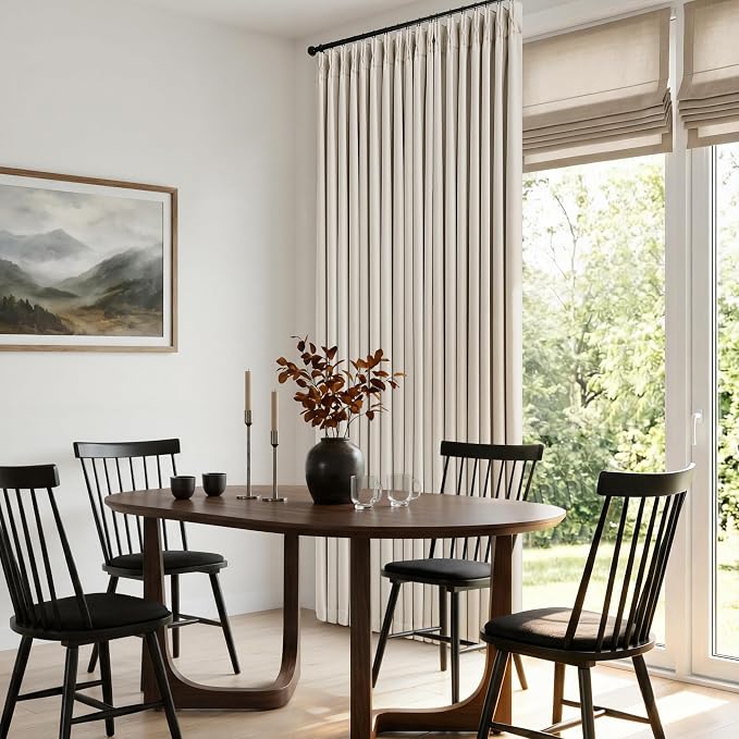 60 Inch Extra Wide 100% Blackout Curtains 108 Inches Long 1 Panel for Bedroom, Natural Memory Trained Pleated Thick Linen Thermal Noise Reducing Neutral Windows Curtain Light Blocking Drapes 60x108