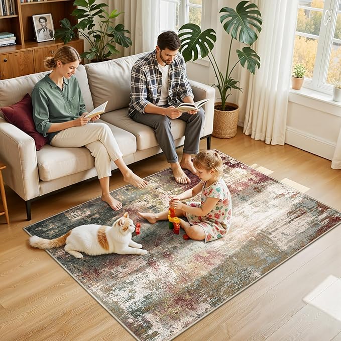 RELEANY Washable Area Rugs 4'x6' Non-Slip Modern Abstract Soft for Living Room Entryway Bedroom Nursery, Print Pattern, Brown Rust Red Green Blue Multi