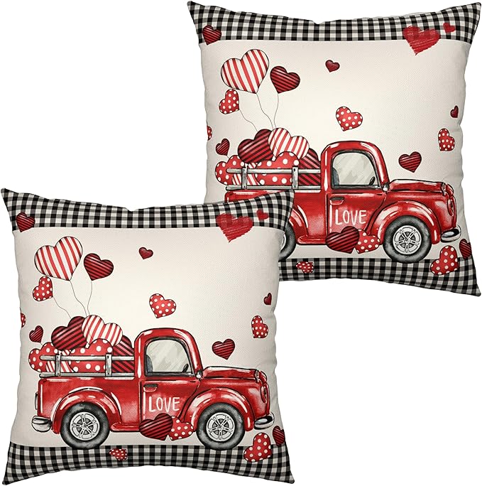 Throw Pillow Covers 18x18 Red Truck Pillow Covers Pack of 2 Heart Balloon Black Buffalo Plaid Decorative Pillow Case for Home Outdoor Deocr Couch