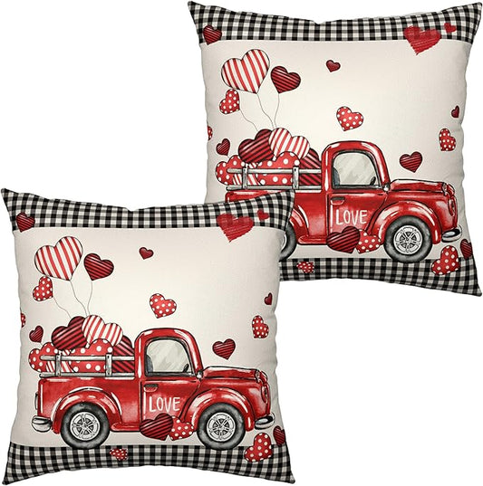 Valentines Throw Pillow Covers 16x16 Valentines Day Red Truck Pillow Covers Pack of 2 Heart Balloon Black Buffalo Plaid Decoarative Pillow Case for Home Outdoor Deocr Couch