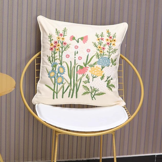 Set of 2 Embroidered Decorative Throw Pillow Covers Couch Square Pillowcases Cushion for Bedroom Sofa Farmhouse Decor 18x18 Inch (Daisy)