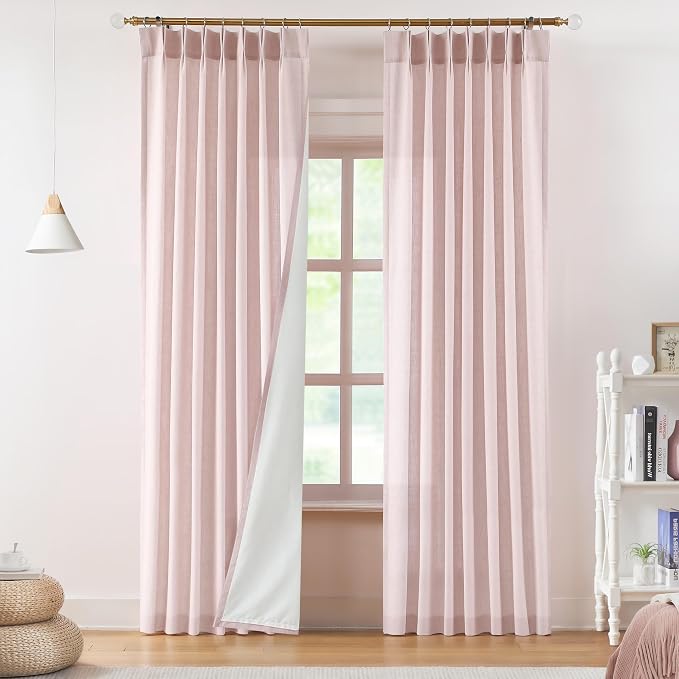 Vision Home Pink Pinch Pleated Light Filtering Curtains with Microfiber Liner 120 inch Linen Blended Textured Privacy Drapes for Living Room Girls Bedroom Back Tabs with Hooks 2 Panels 40" Wx120 L