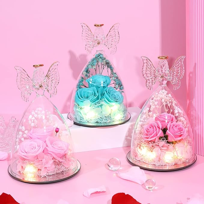 Mothers Day Rose Gifts for Women Preserved Real Flower in Glass Angel Figurines Roses for Delivery Prime Birthday Gifts for Mom Grandma Girlfriend Wife Her - Tify Blue