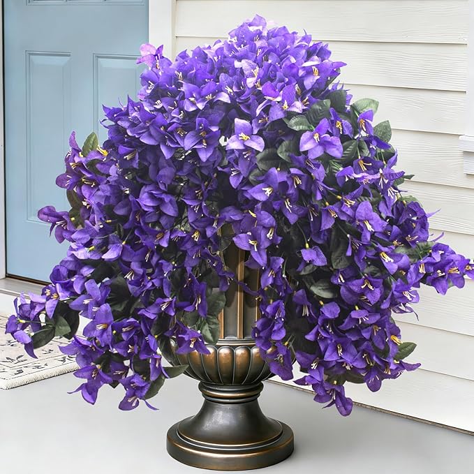 Grunyia 4 Pack Artificial Bougainvillea Hanging Basket Flowers – UV Resistant Fake Flowers with Silk Petals, Realistic Trailing Plants for Outdoor Indoor Wall Garden Home Wedding Decor (Purple)