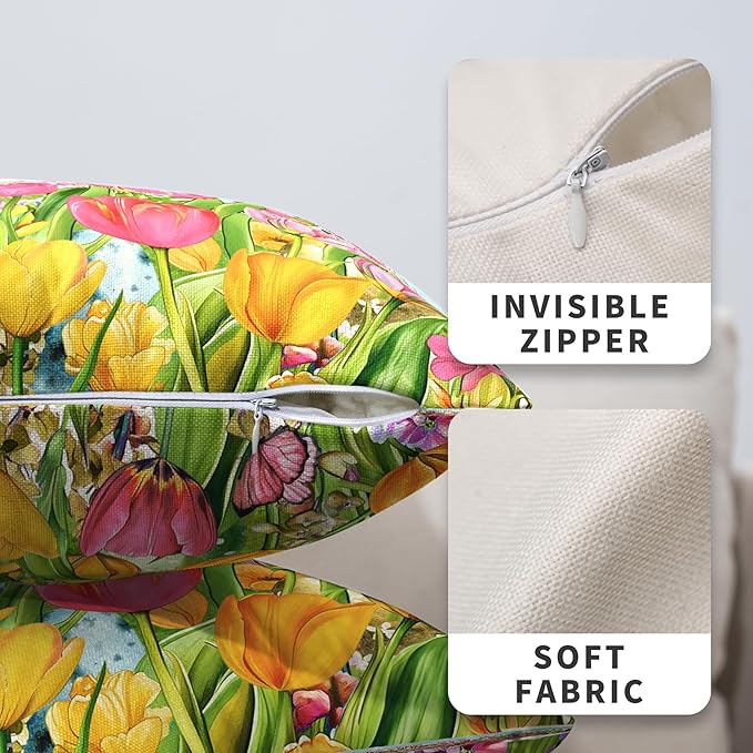 Tulip Pillow Covers 18x18 Set of 2 Spring Throw Pillow Covers Pink Yellow Tulip Floral Outdoor Pillowcase Watercolor Cotton Linen Cushion Case for Sofa Outdoor Patio