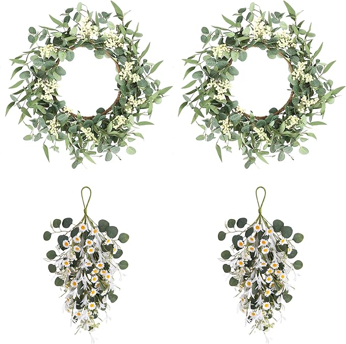 Pinkpum 20'' Eucalyptus Wreath 22'' Daisy Teardrop Swags Set 4 for Front Door Fireplace Hanging Porch Wall Home Window Kitchen Decor Farmhouse Garden Party Indoor Outdoor Summer Spring Fall