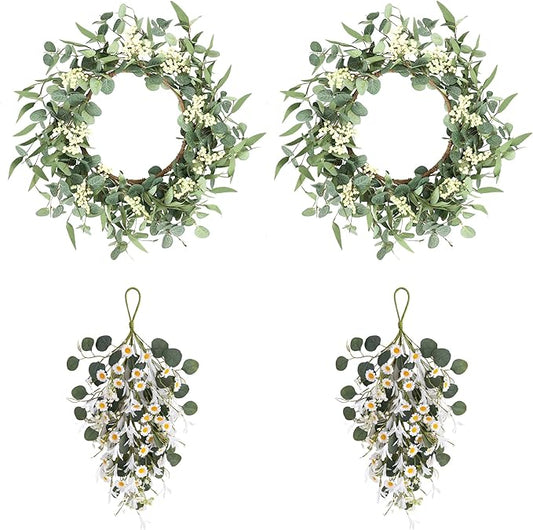 Pinkpum 20'' Eucalyptus Wreath 22'' Daisy Teardrop Swags Set 4 for Front Door Fireplace Hanging Porch Wall Home Window Kitchen Decor Farmhouse Garden Party Indoor Outdoor Summer Spring Fall