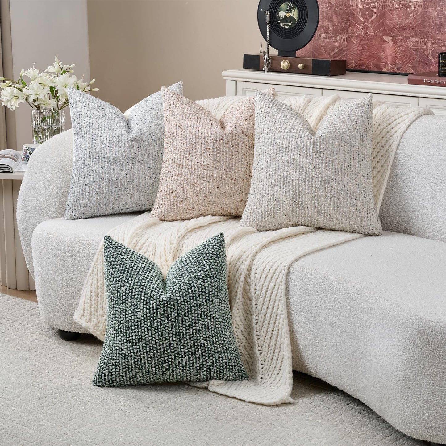 Striped Euro Sham Pillow Covers 26x26 Set of 2 Beige Textured Boucle Chic Morden Boho Accent Farmhouse Square Decorative Couch Throw Pillow Covers for Home Decor Bed Sofa Living Room